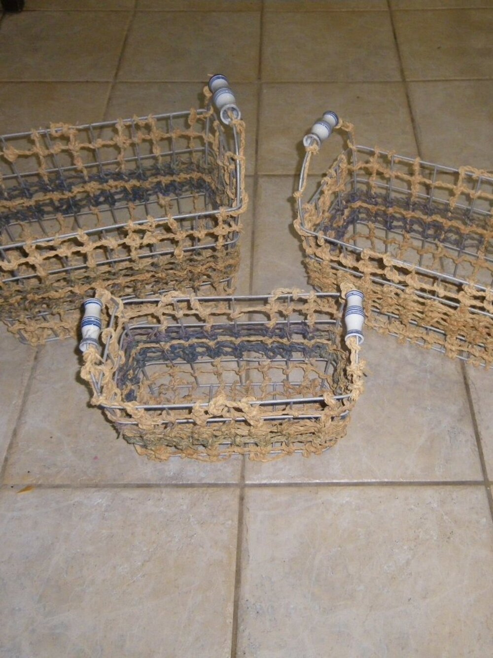 3 Wire & Rope Rigid Basket Set w/ Earthenware Handles - Picture 1 of 5